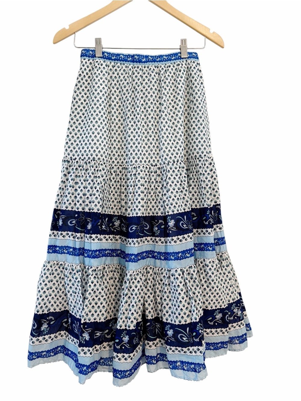 J. Crew Tiered Ruffle Skirt Boho Ditsy Floral Blue White Cottagecore Size XXS